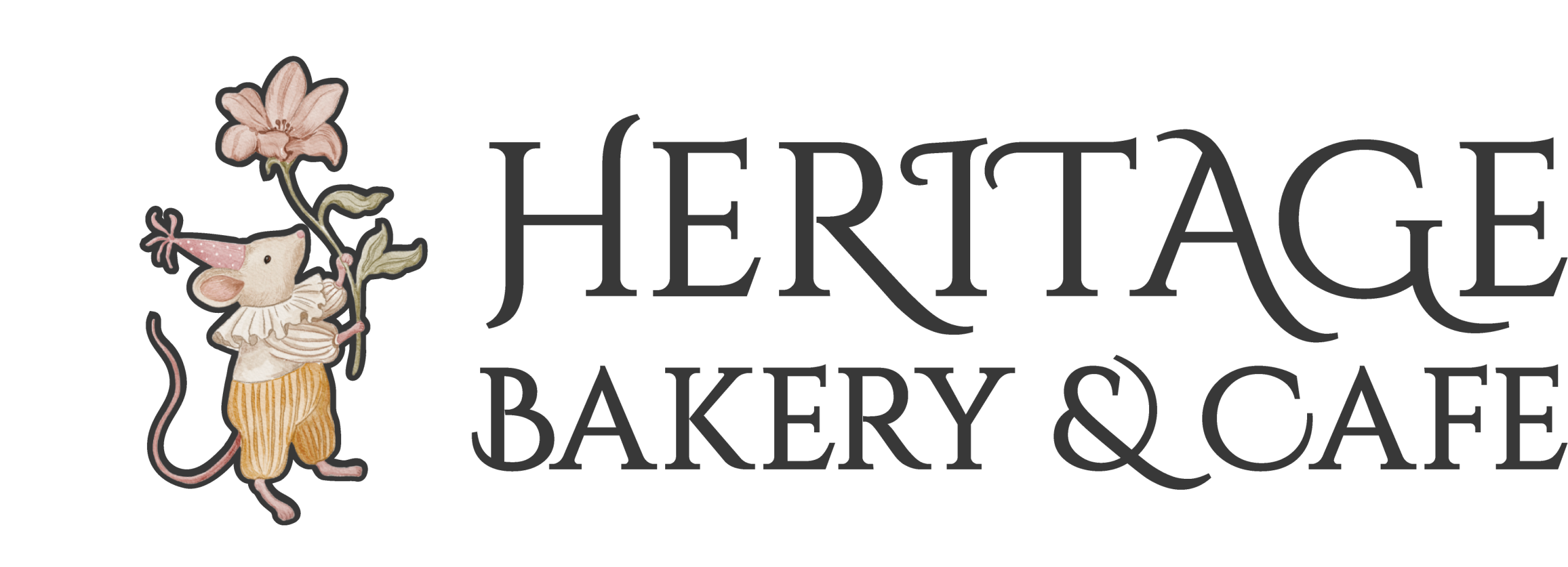 Heritage Bakery Logo, teapot and a small mouse holding a flower, heritage bakery & café written to the right of the teapot