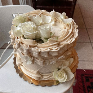 Cake with elaborate decorations.